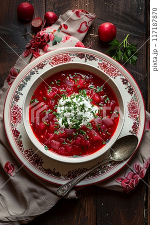 traditional Ukranian soup borscht on a white plate 117187870