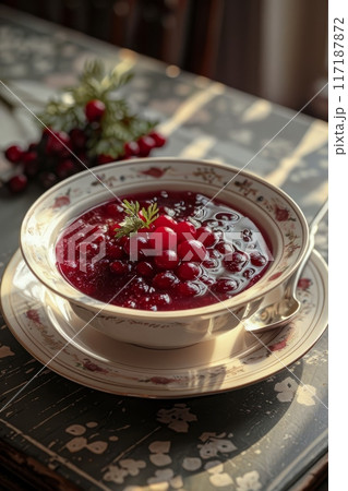 traditional Ukranian soup borscht on a white plate 117187872