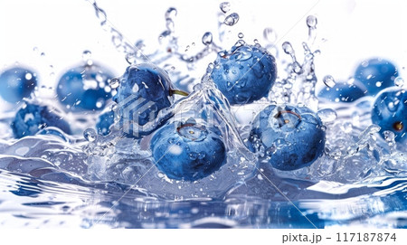 Blueberry in splash of water over white 117187874