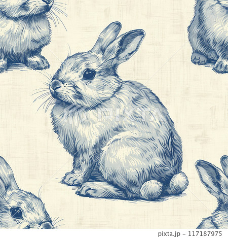 vintage seamless pattern with Easter bunnies and blue flowers, watercolor drawing in vintage style. 117187975