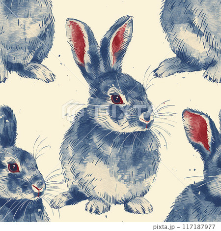 vintage seamless pattern with Easter bunnies and blue flowers, watercolor drawing in vintage style. 117187977