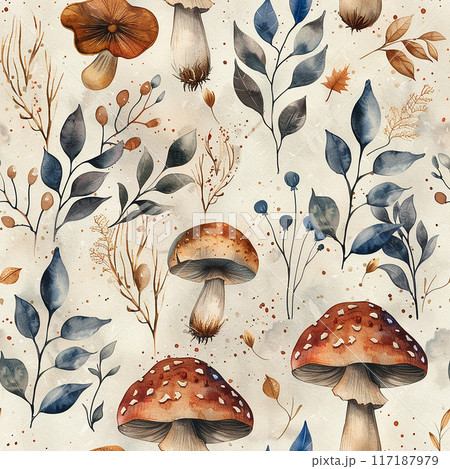 watercolor seamless pattern with mushrooms and autumn leaves. forest print 117187979