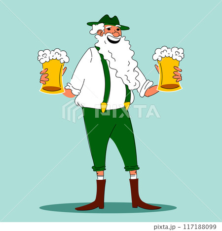 Elderly man with beard, in traditional Bavarian clothes holding foamy beer mugs against light blue background. Beer party. Vector illustration 117188099