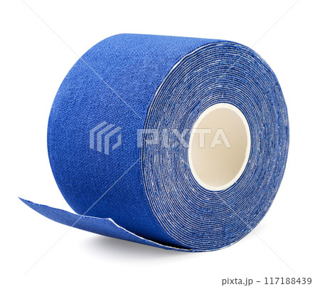 Kinesio tape close-up on a white. Therapeutic tape isolated Kinesio tape close-up on a white. Therapeutic tape isolated 117188439