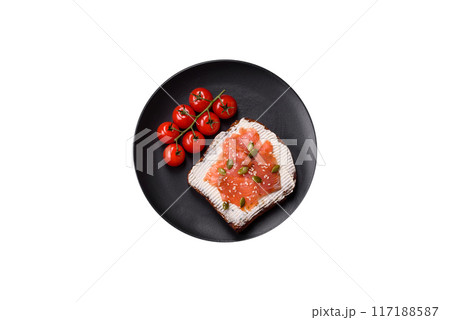 Sandwich or bruschetta with toast, salmon, cream cheese Sandwich or bruschetta with toast, salmon, cream cheese 117188587