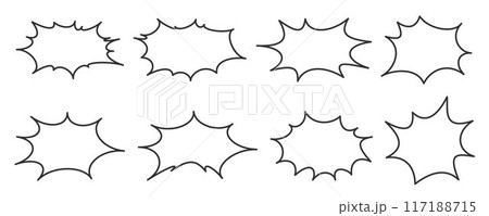 Comic and manga speech bubbles. Pop art outline frame for text. Vector box for dialog and messages. Chat shapes set of shock shout and scream actions. Comic and manga speech bubbles. Pop art outline frame for text. Vector box for dialog and messages. Chat shapes set of shock shout and scream actions. 117188715