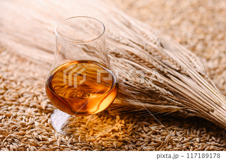 A glass of whiskey with barley ears on barley grains heap A glass of whiskey with barley ears on barley grains heap 117189178