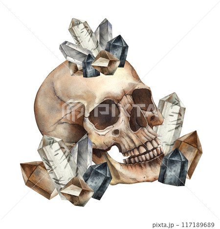 Realistic watercolor skull with different crystals. Watercolor illustration hand drawn in gothic and vintage style. Halloween decoration, Mexican Day of the Dead symbol, gothic style design, for cards 117189689