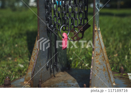 Tools, wrenches are suspended by chains for bike repair Tools, wrenches are suspended by chains for bike repair 117189716