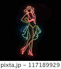 Glowing multi-colored neon sign in the form of a young sexy woman in a revealing outfit 117189929