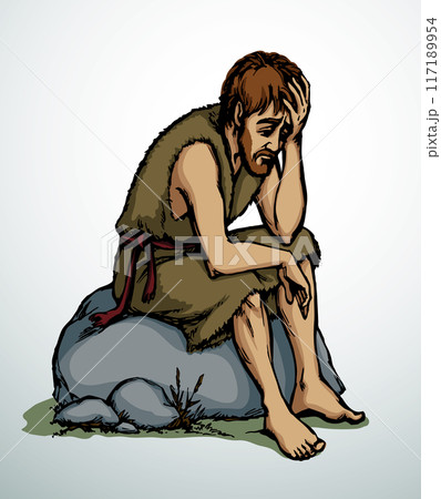Vector drawing. A sad man and pigs 117189954