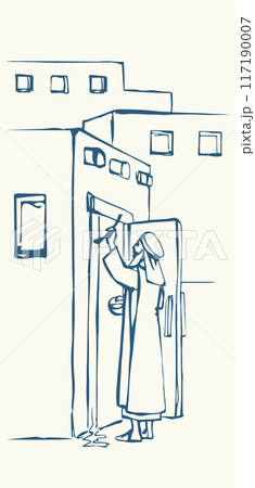 Vector drawing. The family fulfills God's command. Anoints the doorposts with the blood of the lamb 117190007