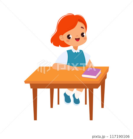 Girl Character at School at Desk Have Lesson Vector Illustration Girl Character at School at Desk Have Lesson Vector Illustration 117190106