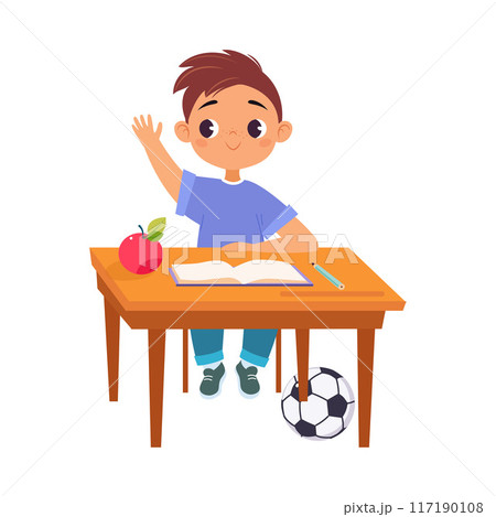 Boy Character at School at Desk Have Lesson Vector Illustration 117190108