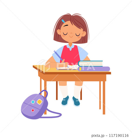 Girl Character at School at Desk Have Lesson Vector Illustration Girl Character at School at Desk Have Lesson Vector Illustration 117190116