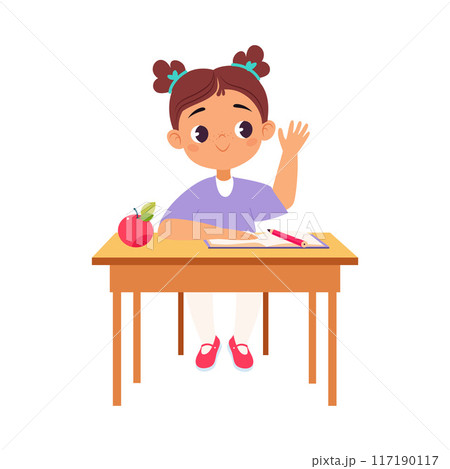 Girl Character at School at Desk Have Lesson Vector Illustration Girl Character at School at Desk Have Lesson Vector Illustration 117190117