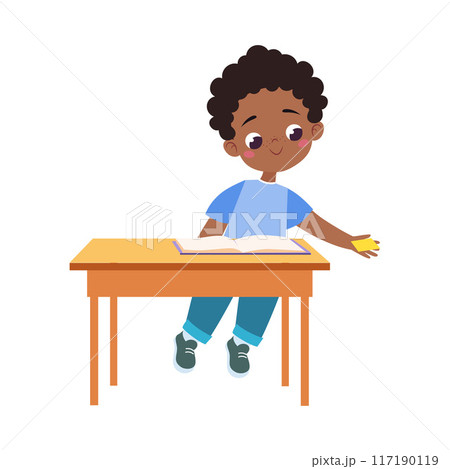 Boy Character at School at Desk Have Lesson Vector Illustration Boy Character at School at Desk Have Lesson Vector Illustration 117190119