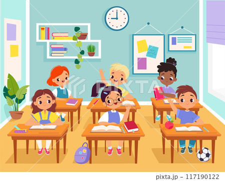 Children at School Sit at Desk Have Lesson Vector Illustration Children at School Sit at Desk Have Lesson Vector Illustration 117190122