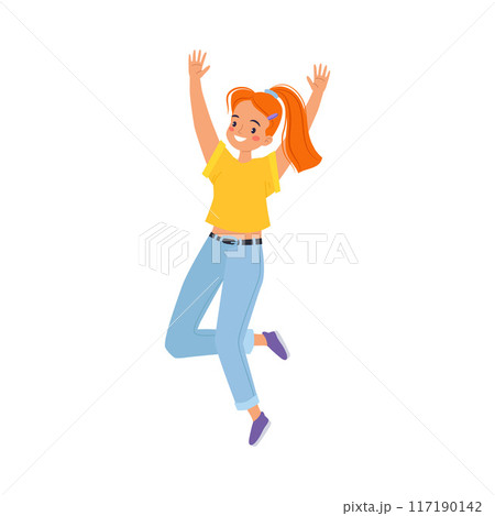 Celebrating Woman Character Jump and Cheering Vector Illustration 117190142