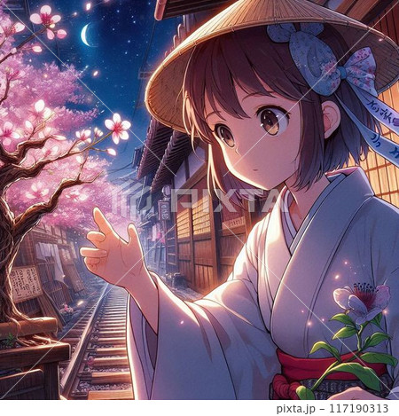 春の桜の下で着物を着た女の子 117190313