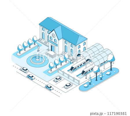 Railway station with trains - vector isometric illustration 117190381