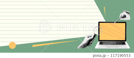 Creative concept banner with lightbulb and hand design. Collage of idea and solution elements on abstract background. Graphic art illustration for business brainstorming. 117190553