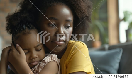 Worried Parent. Moment: Mother Embracing Her Child with Love and Comfort on a Cozy Couch 117190671