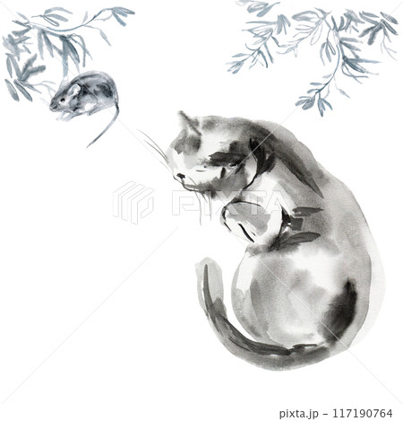 Cat lying under a tree and dreaming about mouse. Cat sleeps under olive branch. A mouse runs under the leaves near a sleeping cat. Sketch is maid in a watercolor stain of cat in black and blue colors 117190764