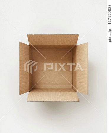 Open brown cardboard box. Open cardboard parcel, top view. Box for transportation or storage 117190888
