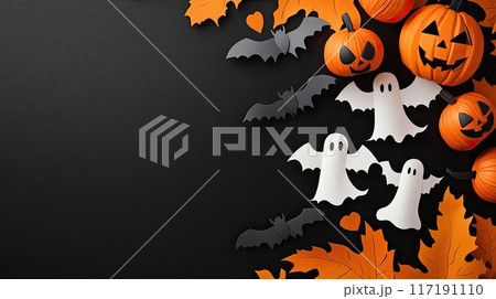 Spooky Halloween Background with Bats, Pumpkins, and Ghosts. Festive Autumn Holiday Decor Elements 117191110