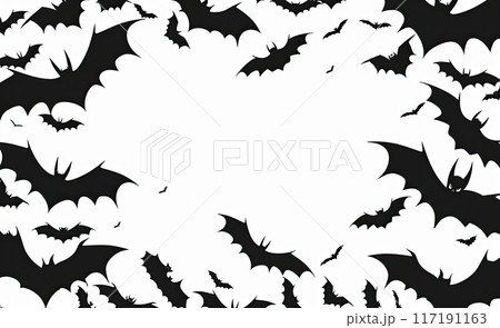 Halloween bats flying pattern border frame on clear white background, vector illustration. Black and white color Halloween bats flying pattern border frame on clear white background, vector illustration. Black and white color 117191163