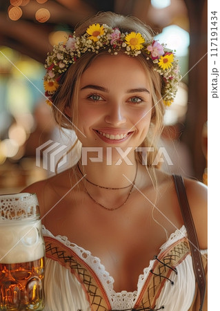 beer day, Happy german woman in traditional Bavarian costume with beer mug 117191434