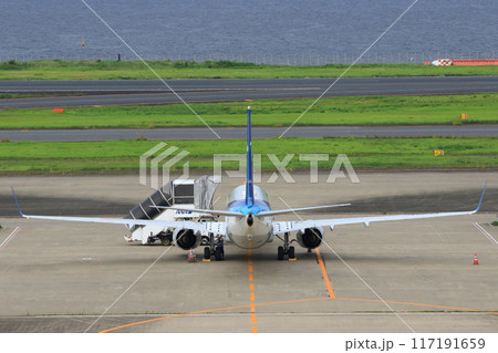 沖留めの旅客機 タラップカーのつけられた旅客機 沖留めの旅客機 タラップカーのつけられた旅客機 117191659