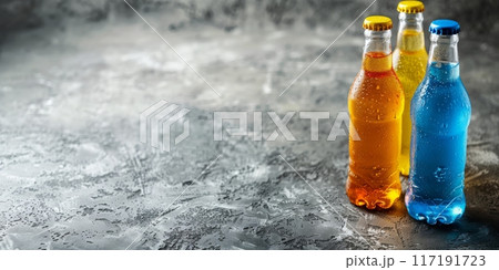 Three colorful beverage bottles on a textured...のイラスト素材 [117191723] - PIXTA