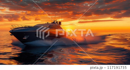 Luxury Yacht at Sunset on Open Sea. A luxury...のイラスト素材 [117191735] - PIXTA