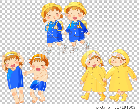 Kindergarten children arrive at the pool in raincoats 117191905