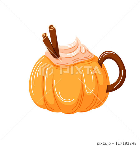 Spiced pumpkin coffee in pumpkin shaped mug, topped with whipped cream and cinnamon sticks. Beverage for Halloween october design in cartoon style. Vector illustration isolated on a white background. Spiced pumpkin coffee in pumpkin shaped mug, topped with whipped cream and cinnamon sticks. Beverage for Halloween october design in cartoon style. Vector illustration isolated on a white background. 117192248