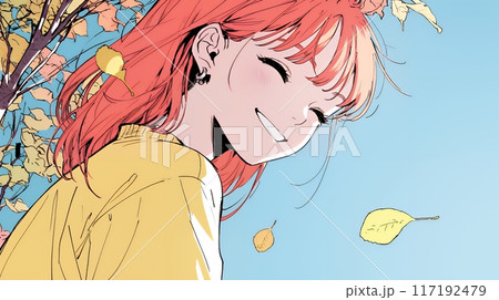 紅葉の秋の公園を歩く若い女性