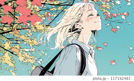 紅葉の秋の公園を歩く若い女性