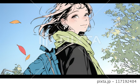 紅葉の秋の公園を歩く若い女性
