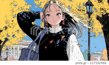 紅葉の秋の公園を歩く若い女性
