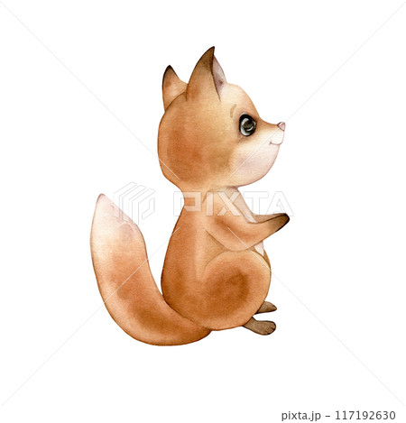 Watercolor cute fox. Drawing of forest animal in warm red orange brown colors. Hand drawn illustration on isolated background for children. For childish shower greeting cards or kids invitations 117192630