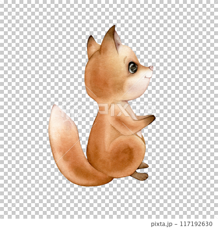 Watercolor cute fox. Drawing of forest animal in warm red orange brown colors. Hand drawn illustration on isolated background for children. For childish shower greeting cards or kids invitations 117192630