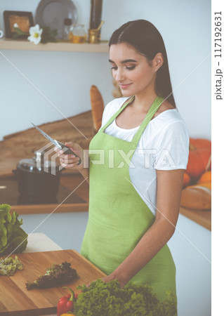 An attractive young dark-haired woman preparing delicious fresh vegetarian salad while standing and smiling near the kitchen desk. Cooking and householding concepts An attractive young dark-haired woman preparing delicious fresh vegetarian salad while standing and smiling near the kitchen desk. Cooking and householding concepts 117192631