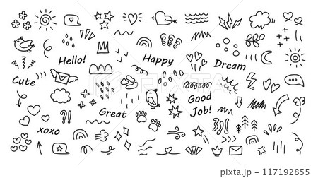 Hand drawn doodle vector, Cute simple doodle, simple hand-drawn decorative illustrations with sparkles, stars, hearts, arrows, flowers, birds	 117192855