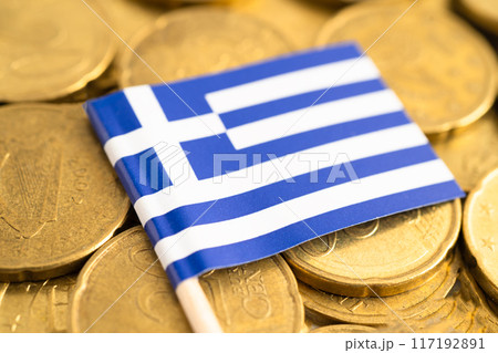 Greece flag on gold coins, finance and banking business. 117192891