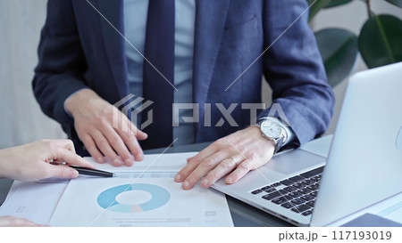 Two professionals analyzing a pie chart during a strategic business meeting. Business meeting with graph analysis 117193019