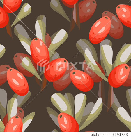 Seamless pattern with sea buckthorn. Natural fresh ripe tasty berries. Vector illustration for background, packaging, textile, fabric and various other designs 117193788