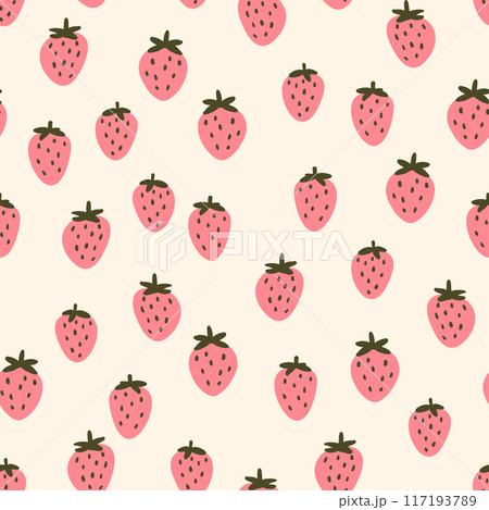 Seamless pattern with strawberry on color background. Natural delicious fresh ripe tasty fruit. Vector illustration for print, fabric, textile, banner, other design. Food concept. 117193789