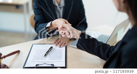 Professional Lawyer Shaking Hands with Client in Office, Signing Contract, Legal Consultation, Business Agreement Professional Lawyer Shaking Hands with Client in Office, Signing Contract, Legal Consultation, Business Agreement 117193939